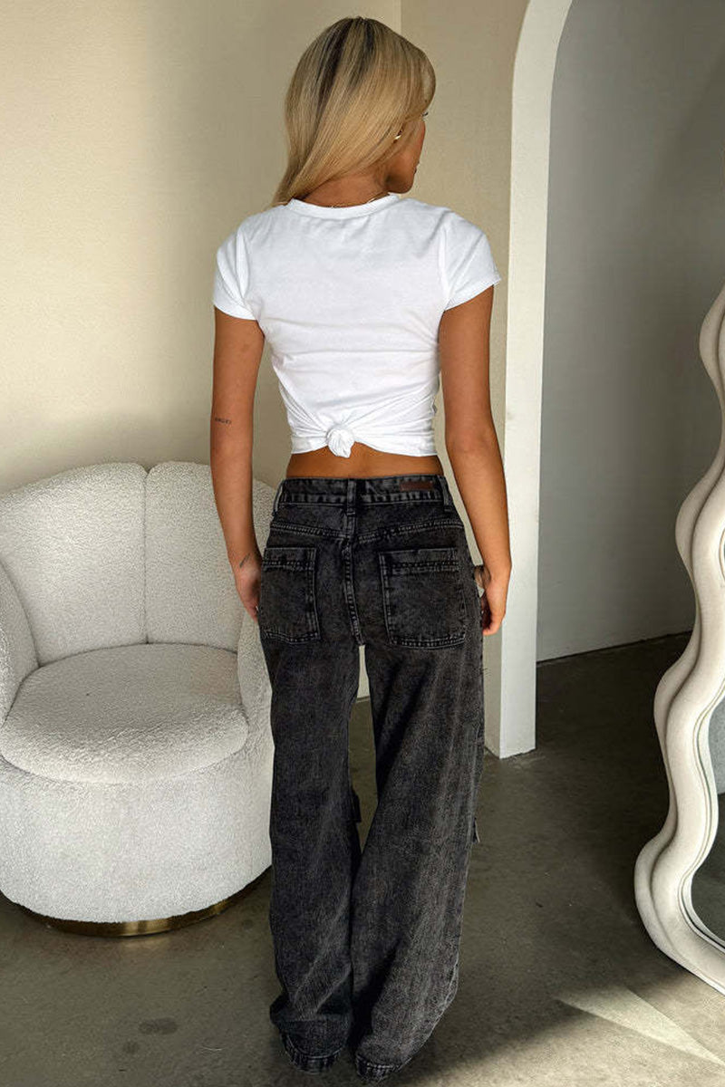 Retro Pocket Washed Straight Leg Cargo Wide Leg Denim Jeans