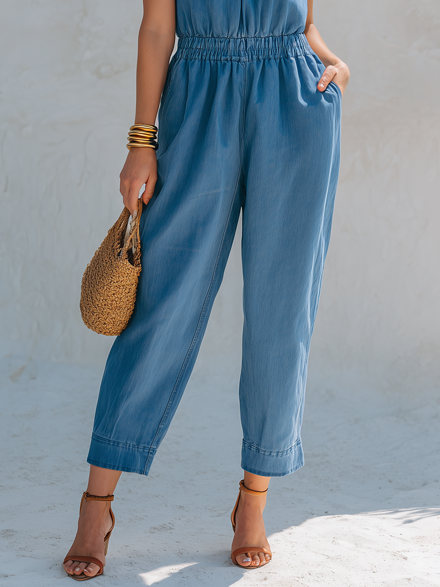 Chic Vacation-Style Mock Neck Sleeveless Denim Jumpsuit