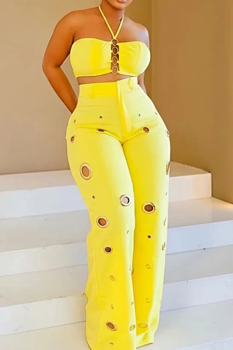 Women's Halter Neck Cutout Cropped Vacation Top Or Loose Fit Cutout Trousers
