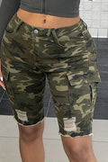 Women's Denim Cargo Shorts, Street Style Fitted Stretch Straight Leg Shorts With Flap Pockets