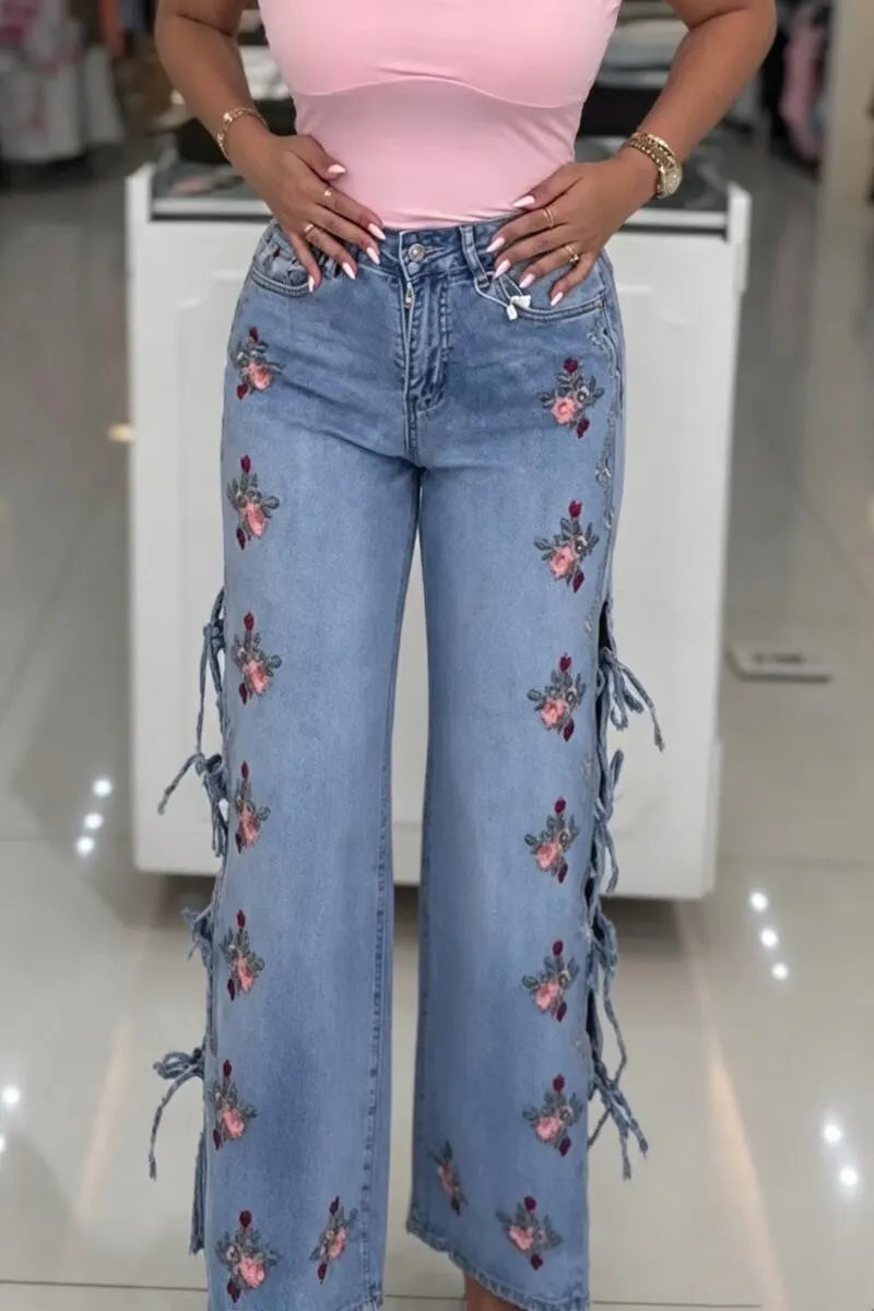 Women High Waisted Embroidered Side Hollow Strap Casual Wide Leg Jeans