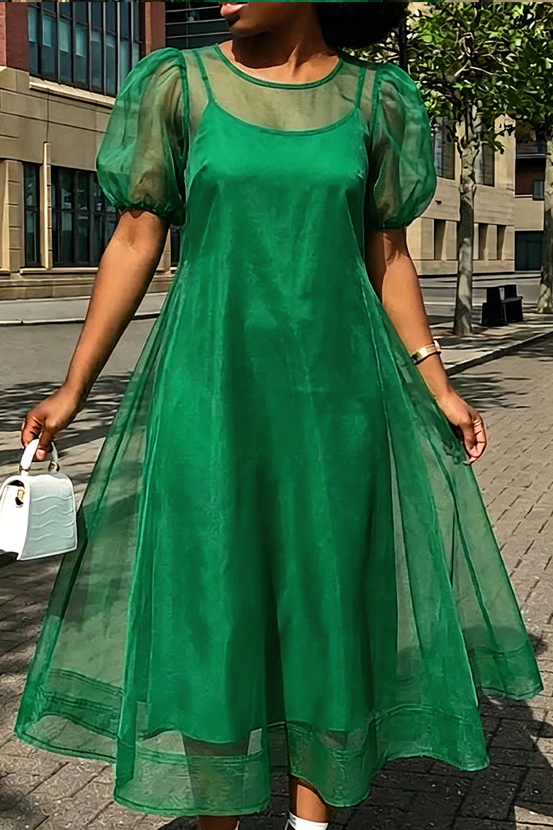 Women's Inner Camisole Dress+ Round Neck See Through Dress Elegant Temperament Two-piece Set