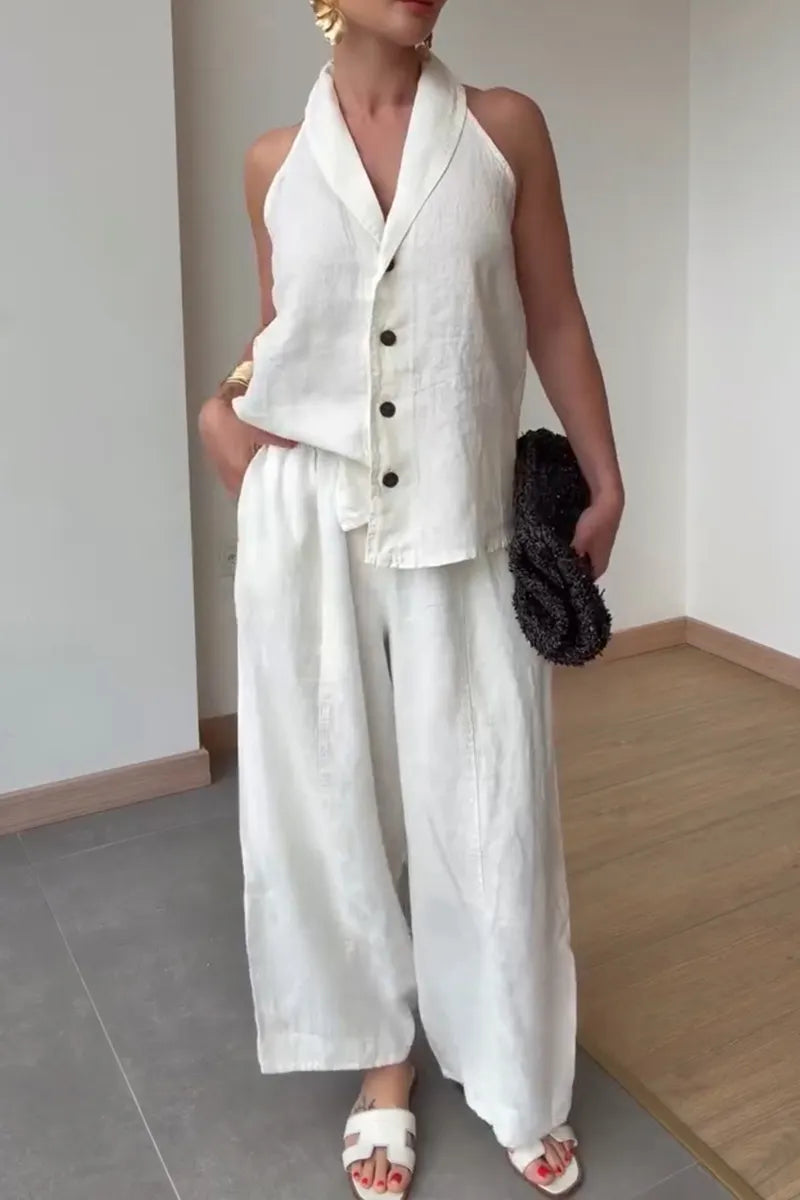 Women's Vacation Fashion Button Vest Loose Pants Two-Piece Set