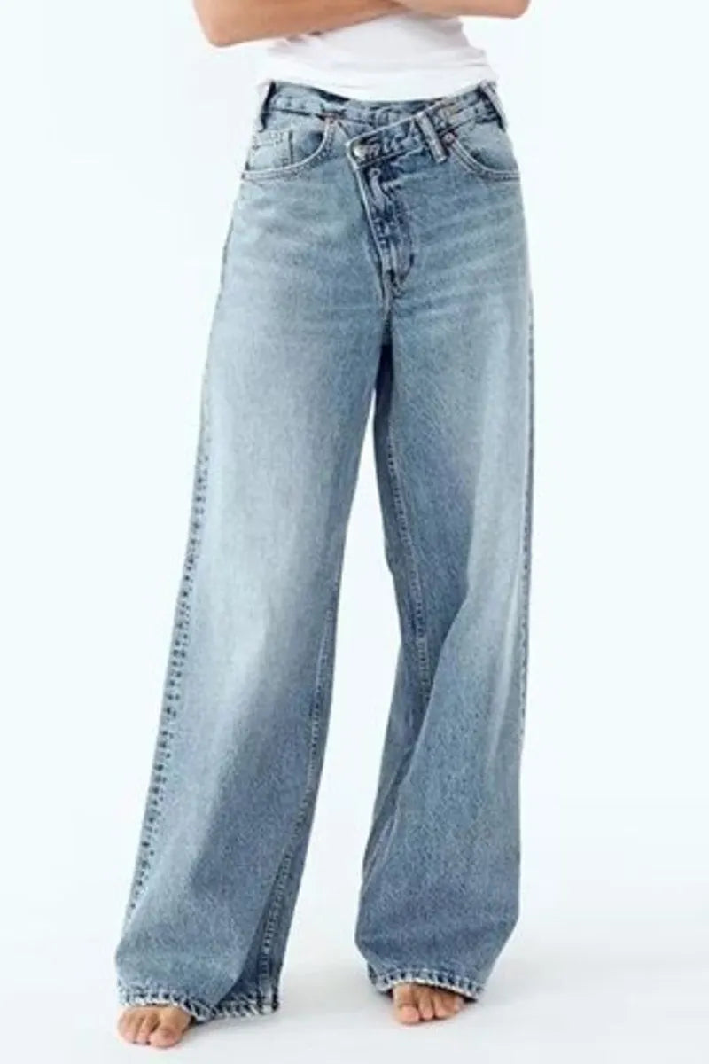Women's Fashion Asymmetric Waistband Washed Jeans