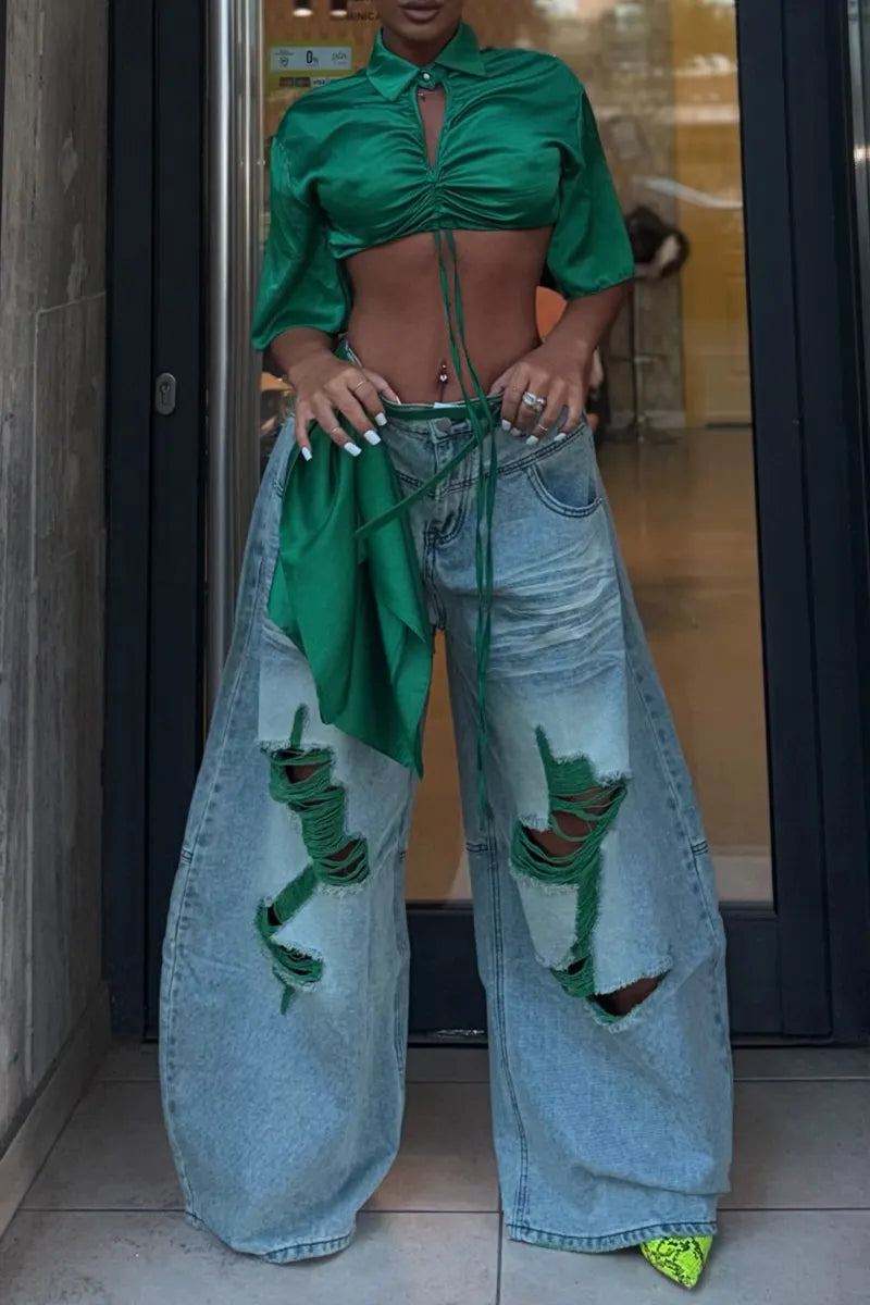 Women's Fashion Short Drawstring Pleated Top or Ripped Wide Leg Jeans