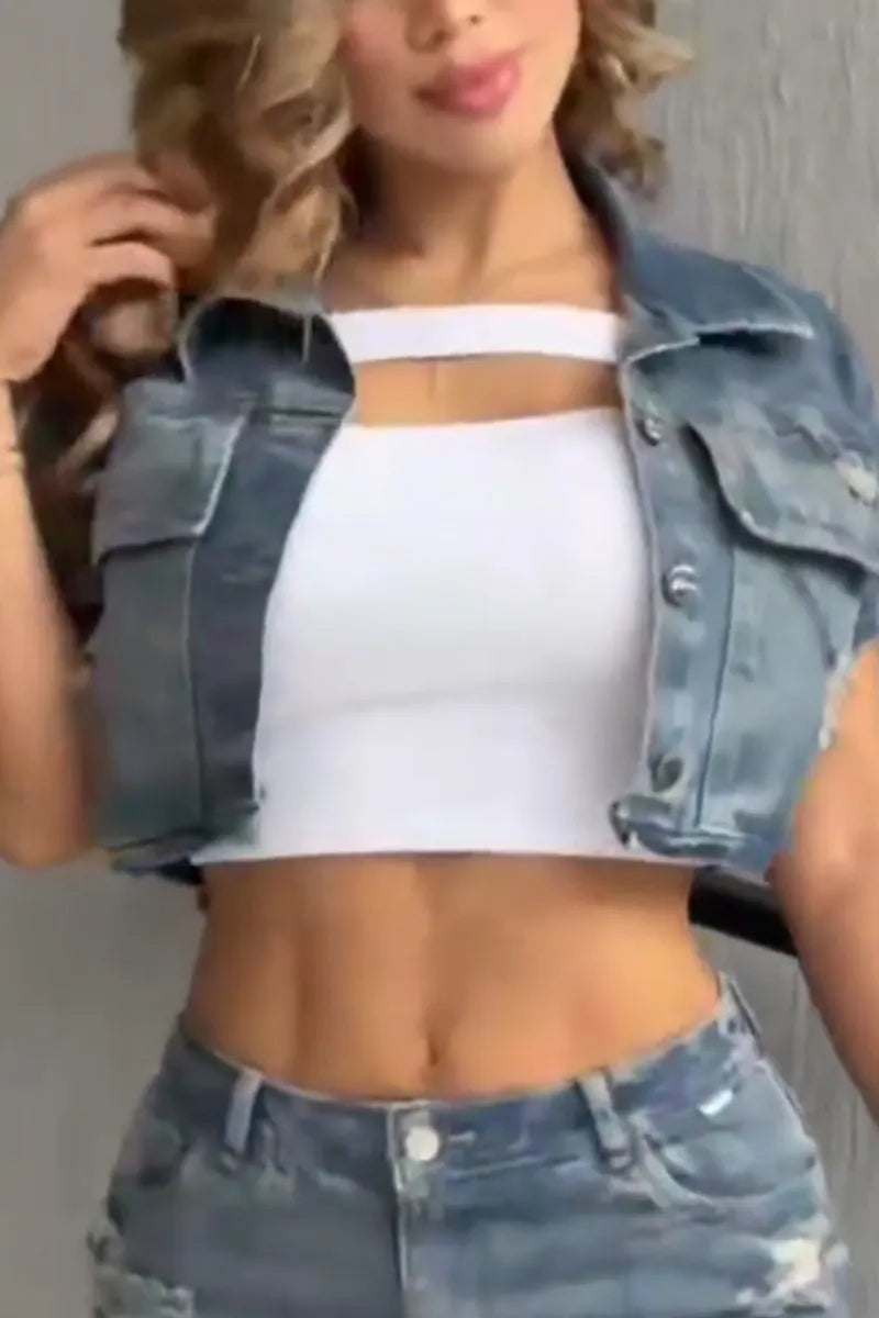 Women's Light Wash Lapel Pocket Short Sleeve Cropped Denim Jacket Or High Waist Multi Destroyed Frayed Hem Bermuda Denim Shorts