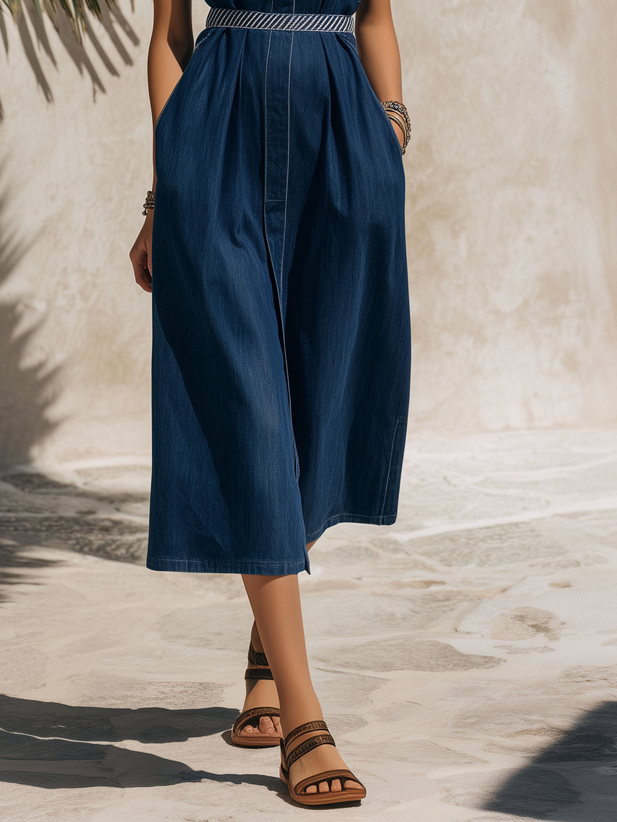 Resort-Style Blue Denim Sleeveless V-Neck Color-Blocked Belted Midi Dress