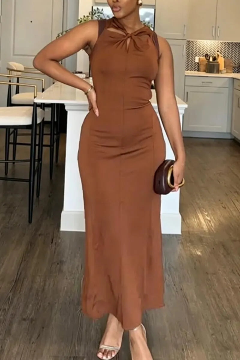 Women Round Neck Sleeveless Solid Color Elegant Temperament Dress