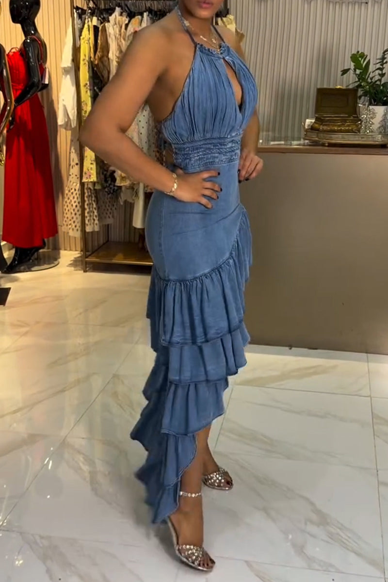 Women's Casual Tiered Hem Asymmetric Denim Maxi Dress