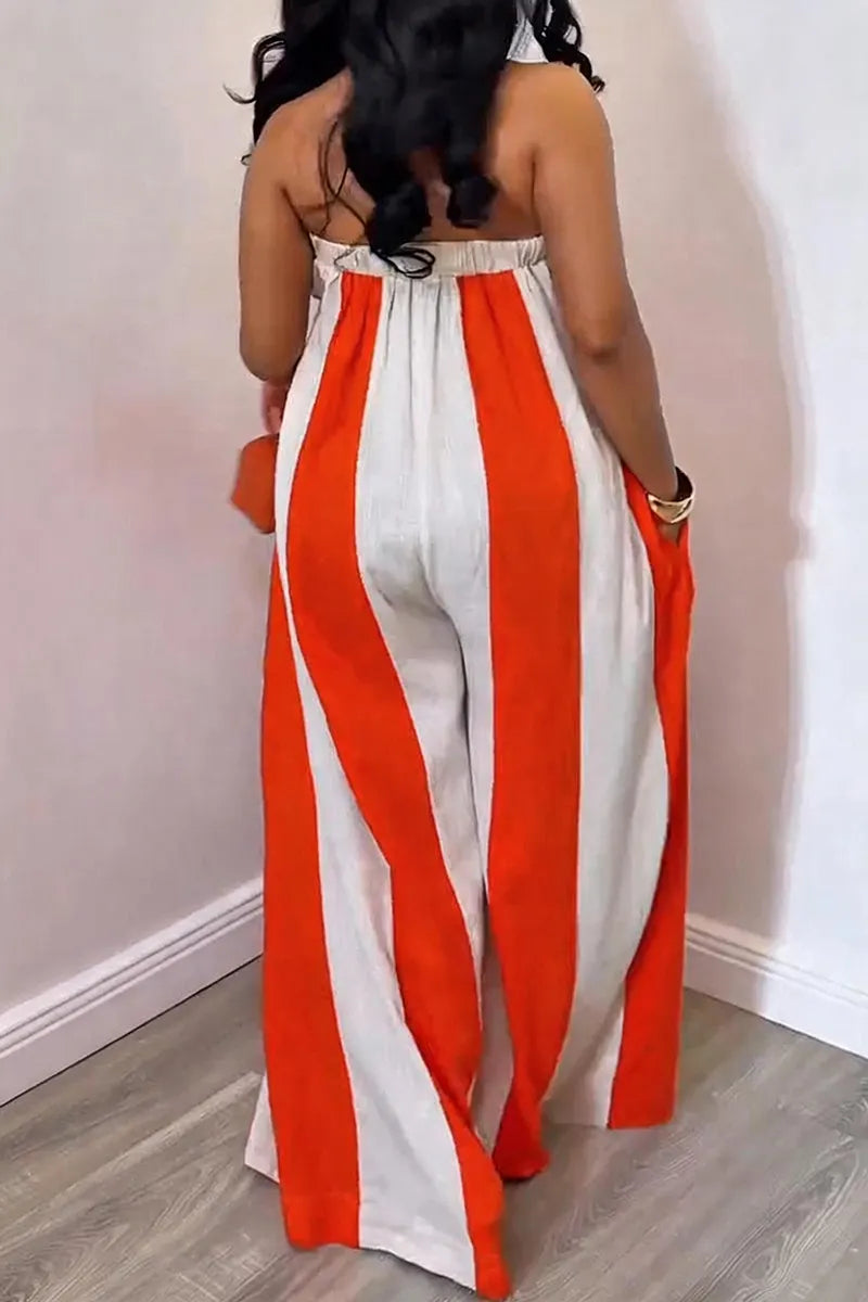 Women's Casual Strapless Wide Stripe Wide Leg Jumpsuit