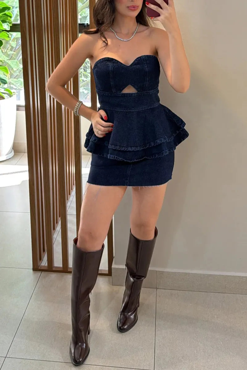 Women's Elegant Double Layer Flounce Hem Denim Vest or Skirt