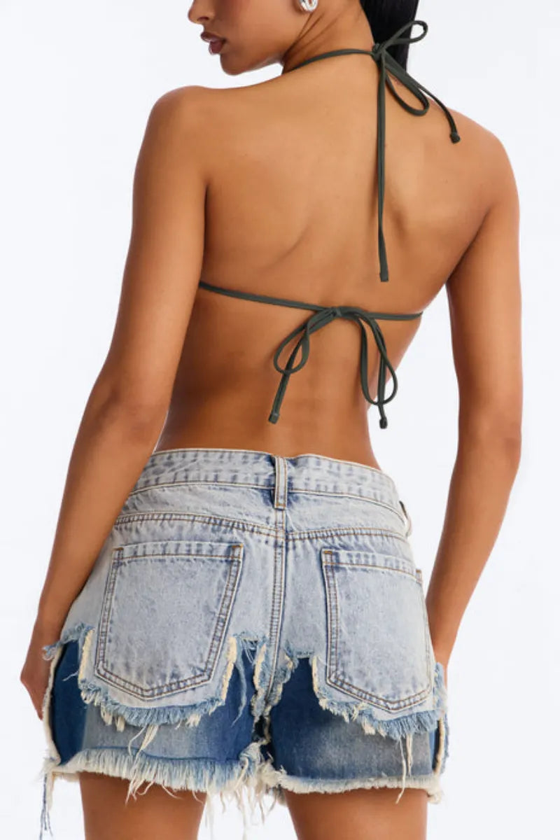 Women Fringed Patchwork Casual Denim Short