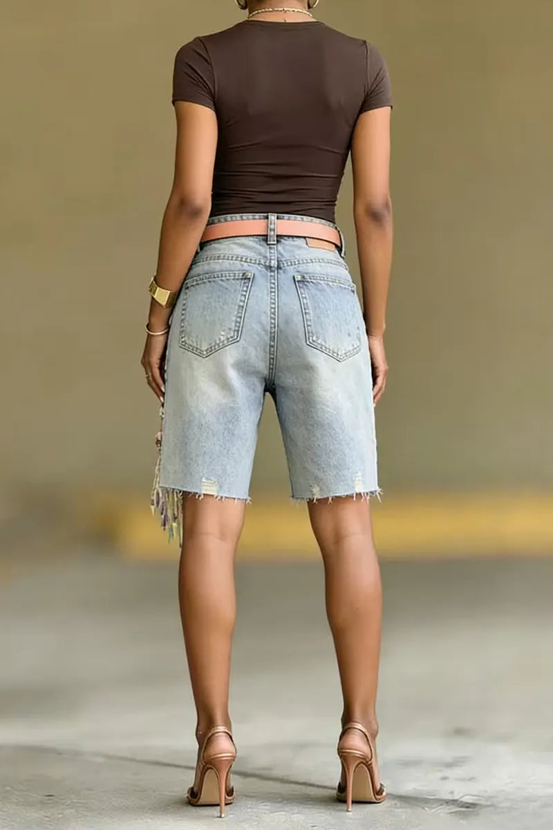Women Light Blue Washed High Waist Pearl Embellished Ripped Portrait Feather Tassel Denim Bermuda Shorts