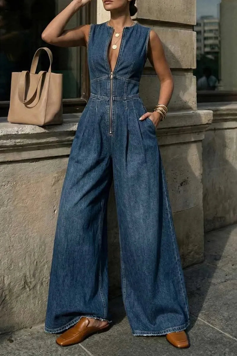 Women's High-Waisted Denim Jumpsuit with Corset Seams & Raw Hem