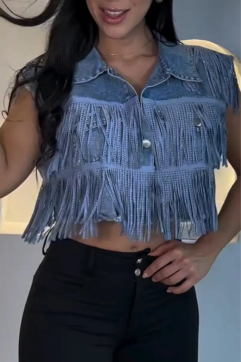 Women Collar Patchwork Tassel Casual Denim Top