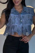 Women Collar Patchwork Tassel Casual Denim Top