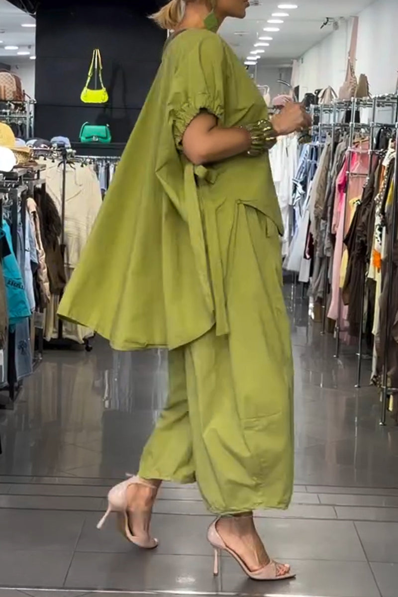 Women's Casual Loose High-Low Top Wide Leg Pants Two-Piece Set