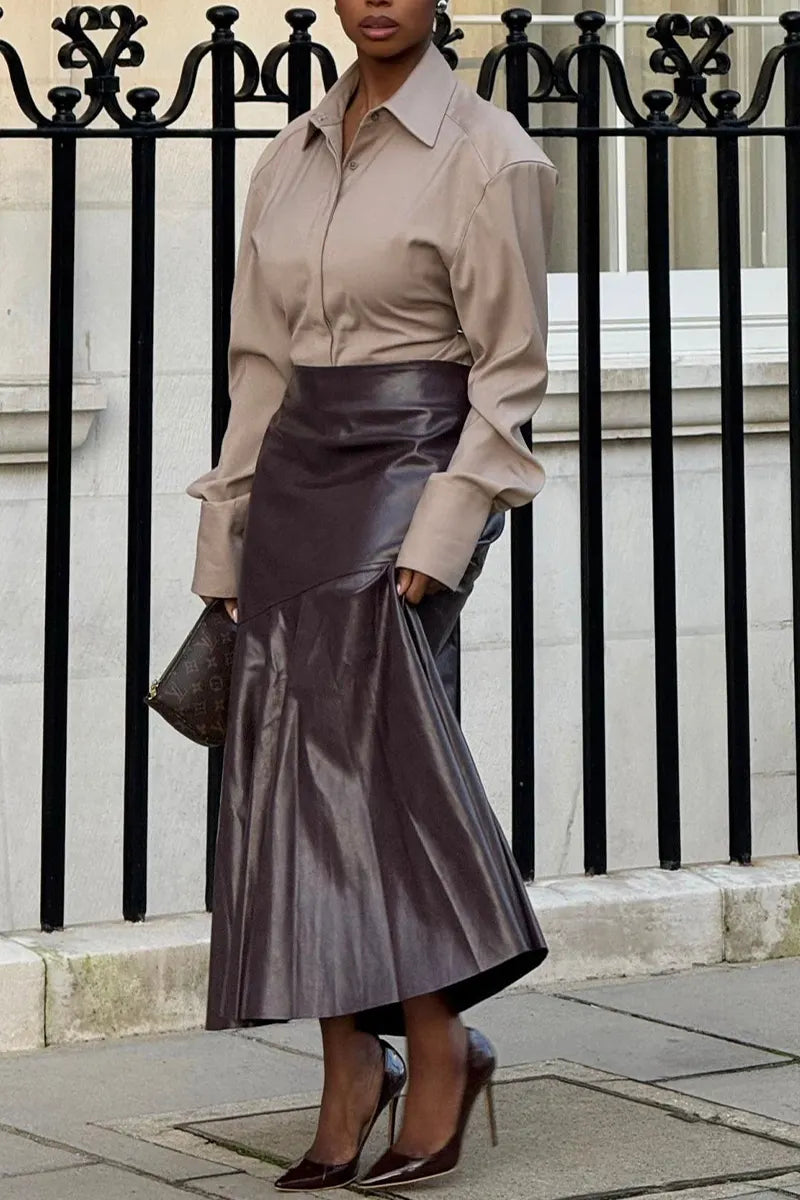 Women's Elegant Temperament Collar Solid Color Shirt or Leather Skirt