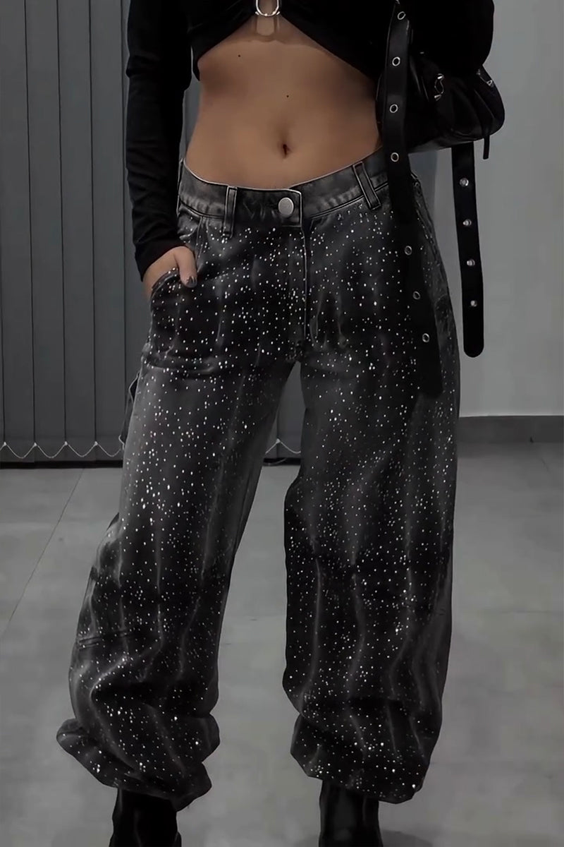 Women's Casual Rhinestone Decoration Wash Wide Leg Jeans