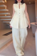 Women's V-neck Pleated Sleeveless Top and Pants Elegant Casual Suit