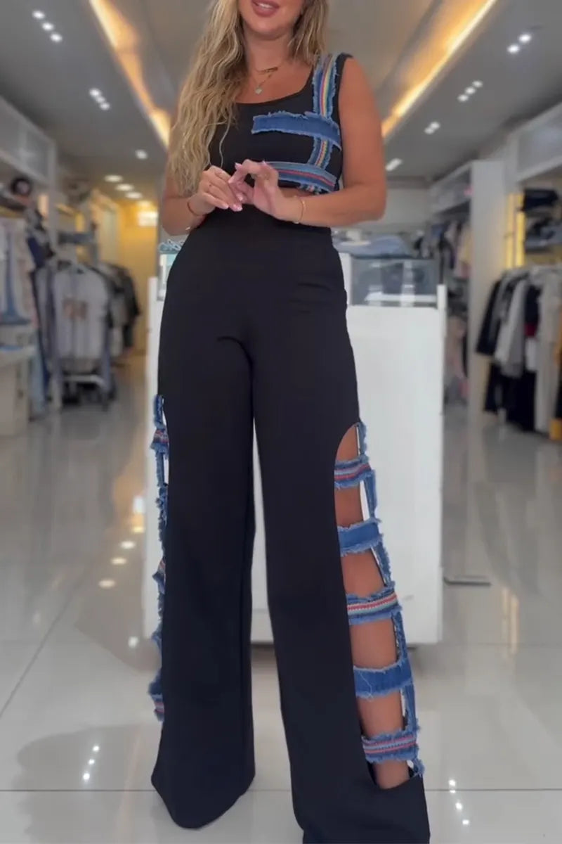 Women U-neck Spliced Denim Top+ Side Hollowed Out Spliced Denim Pants Casual Set