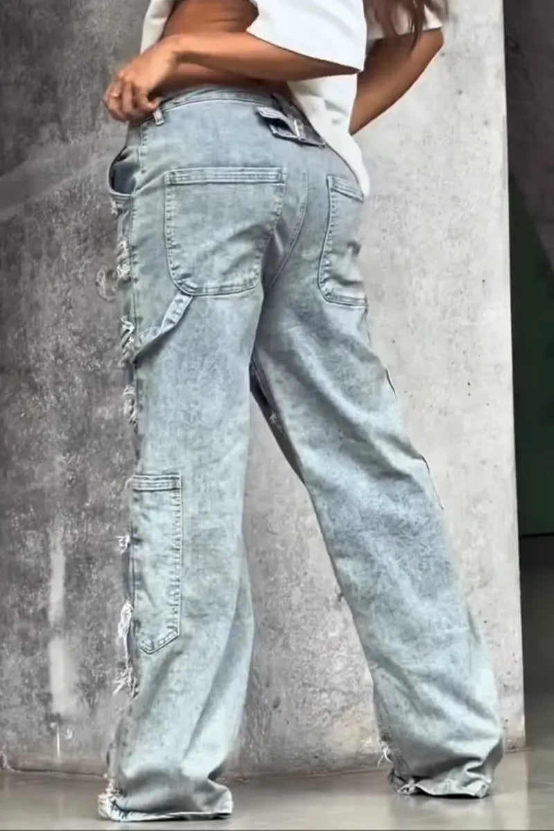 Women Scratch Washed Casual Wide Leg Jeans