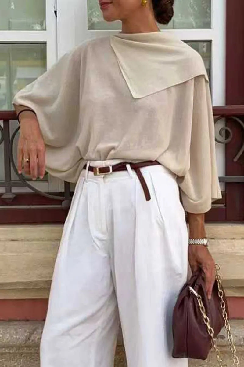 Women Round Neck Irregular Solid Color Casual Top