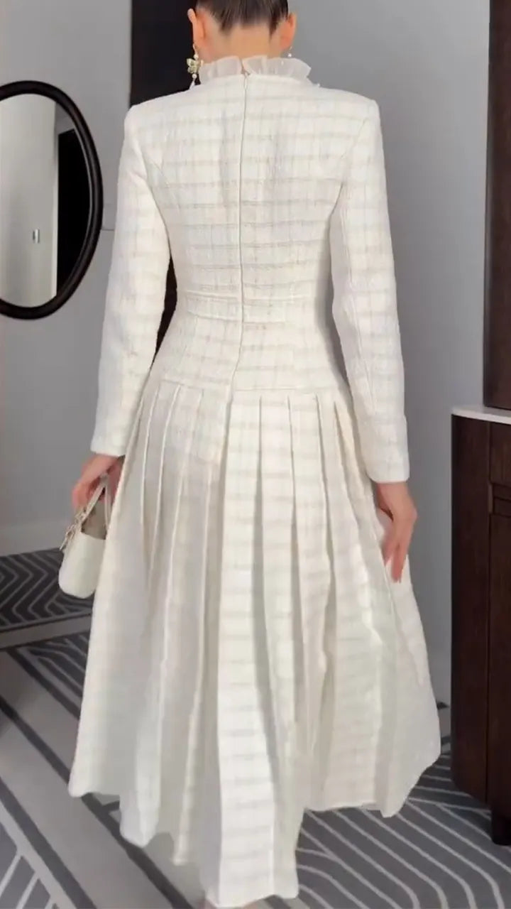 Women Round Neck Lace Button-down Plaid Elegant Temperament Dress