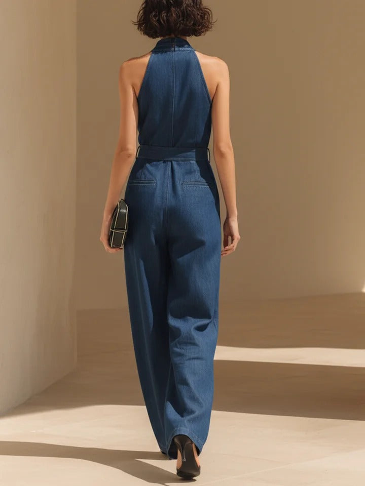 Navy Blue Tencel Denim Halter Neck Wide-Leg Jumpsuit
