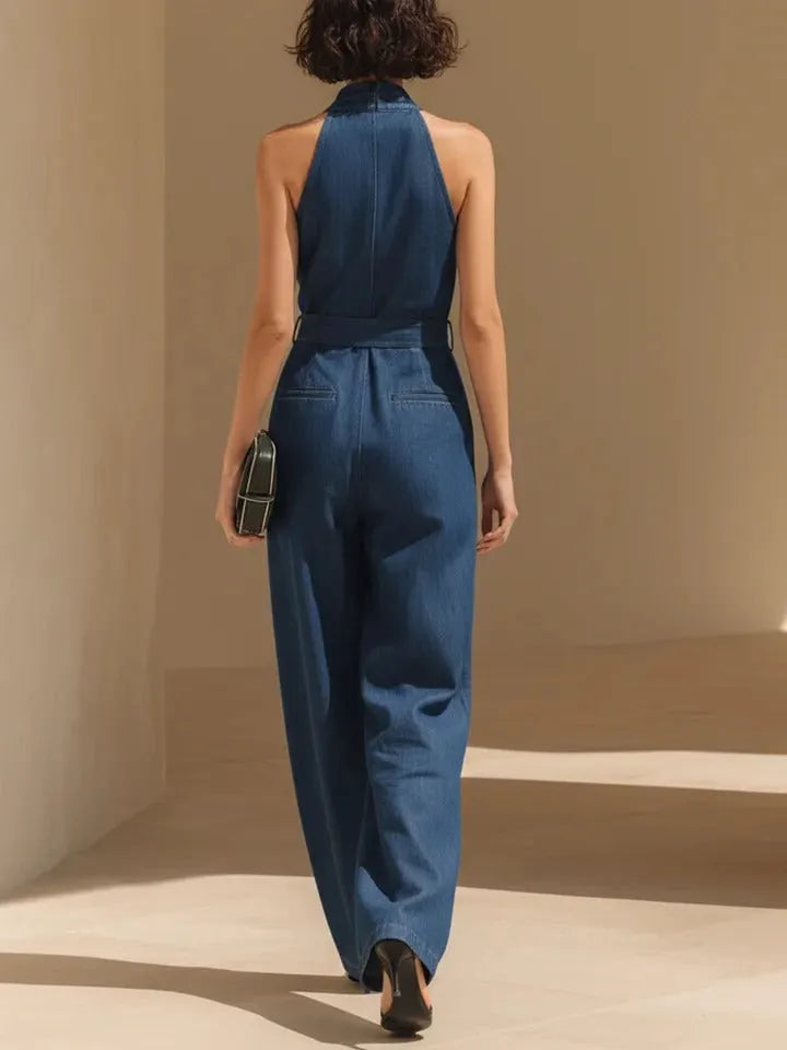 Navy Blue Tencel Denim Halter Neck Wide-Leg Jumpsuit
