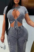 Women's Wash Effect Keyhole Tie-Front Crop Top Or Cargo Pocket Wide Leg Pant