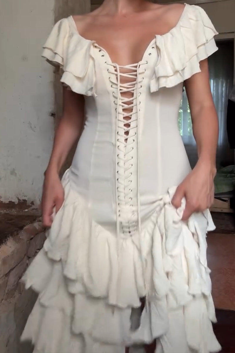 Women's Elegant Tiered Hem Lace-Up Maxi Dress