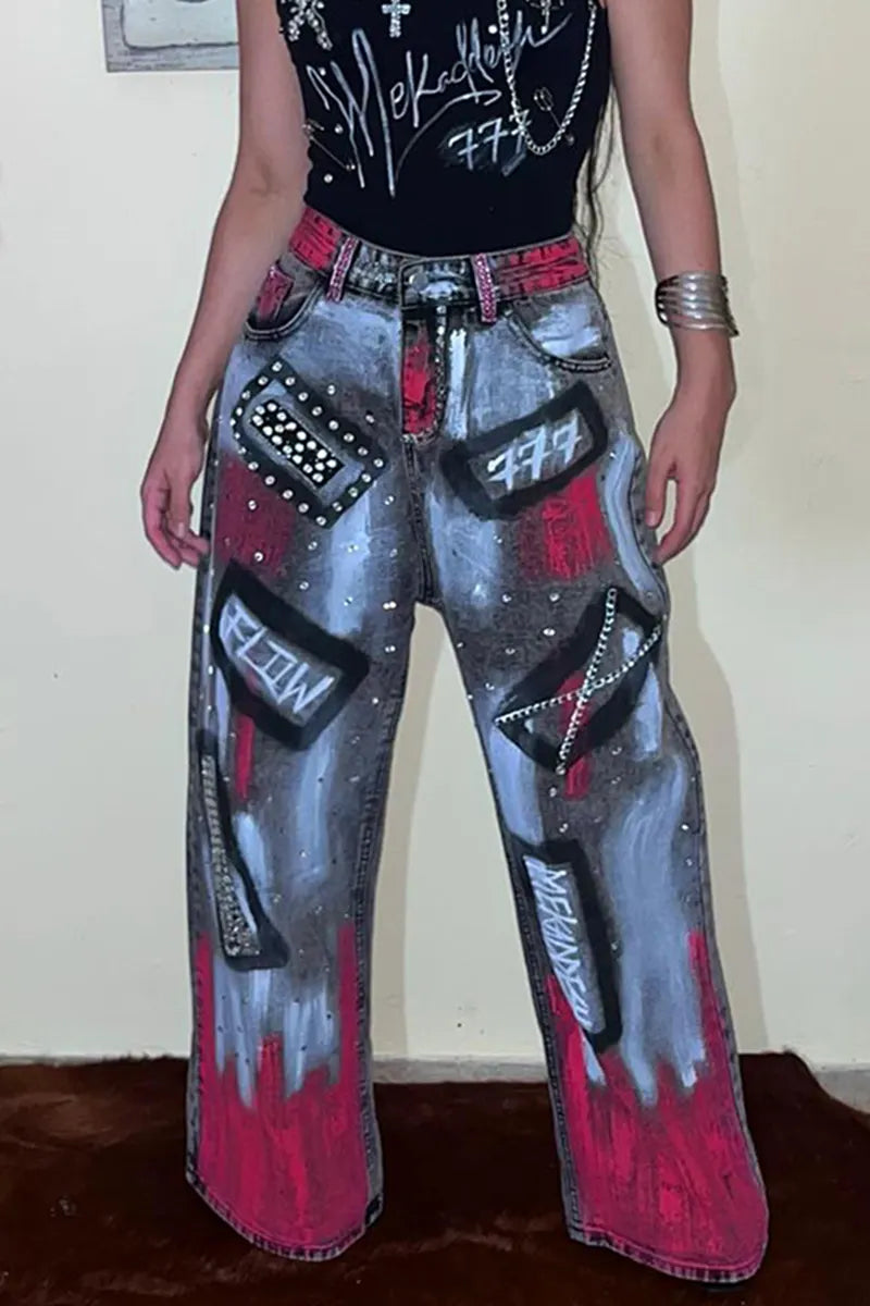 Women's Street Fashion Graffiti Chain Trim Jeans