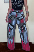 Women's Street Fashion Graffiti Chain Trim Jeans