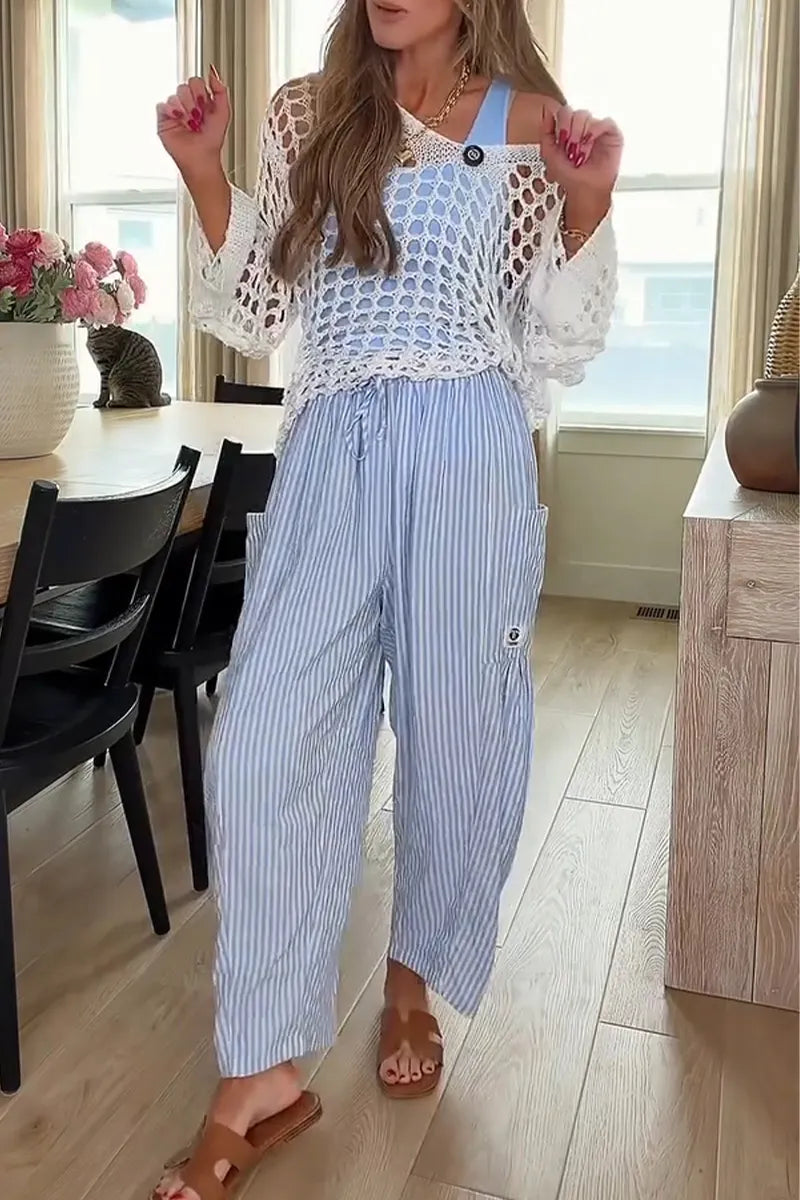 Women Drawstring Vertical Stripe Casual Linen Pants