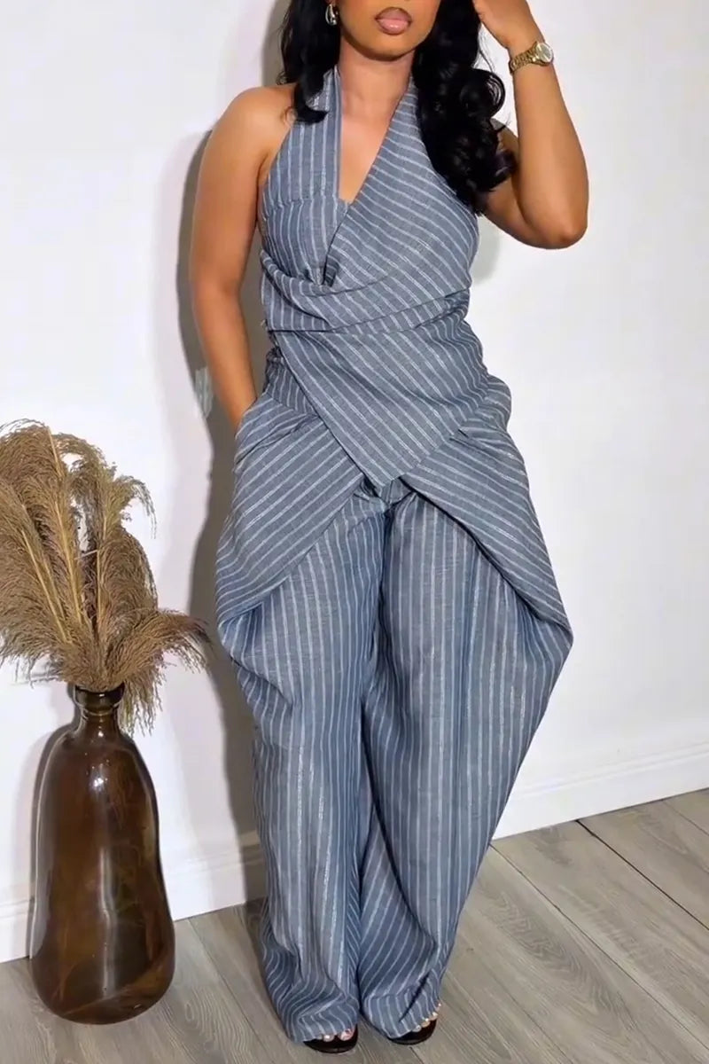Women's Casual Drape Neck Stripe Top Silhouette Pants Two-Piece Set