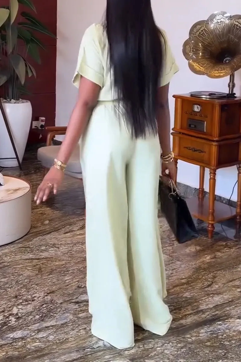 Women's Collar Top+ Pants Solid Color Casual Suit
