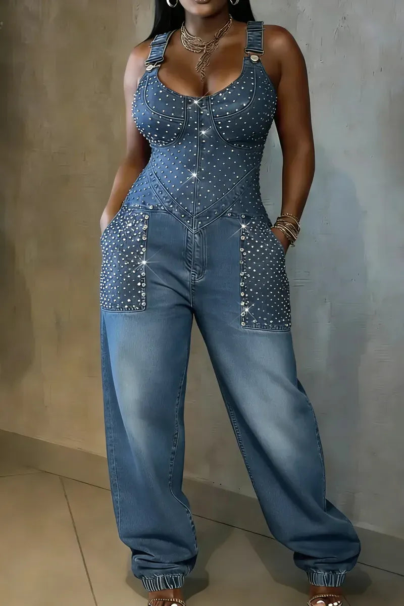 Hot Selling Women's Casual Rivet Denim Jumpsuit