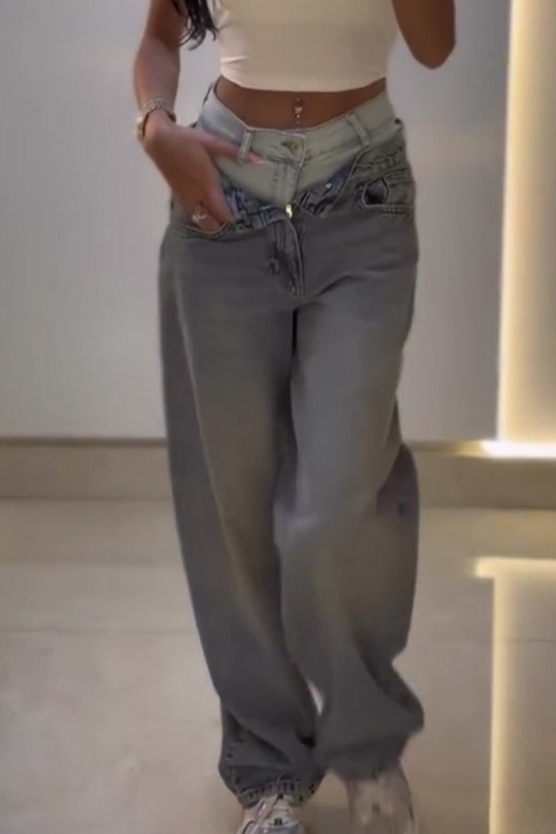 Women Dual Fold Waist Two Tone Gradient Wash Baggy Wide Leg Jeans