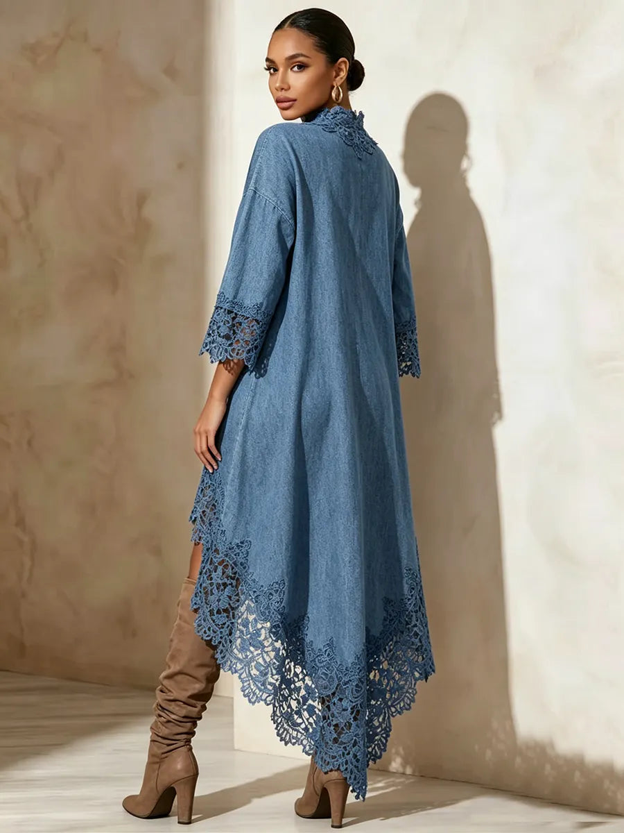 Vintage Lace Mock-neck Denim Maxi Dress
