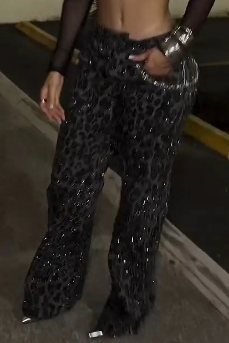 Lady's Leopard Print Rhinestone Jeans