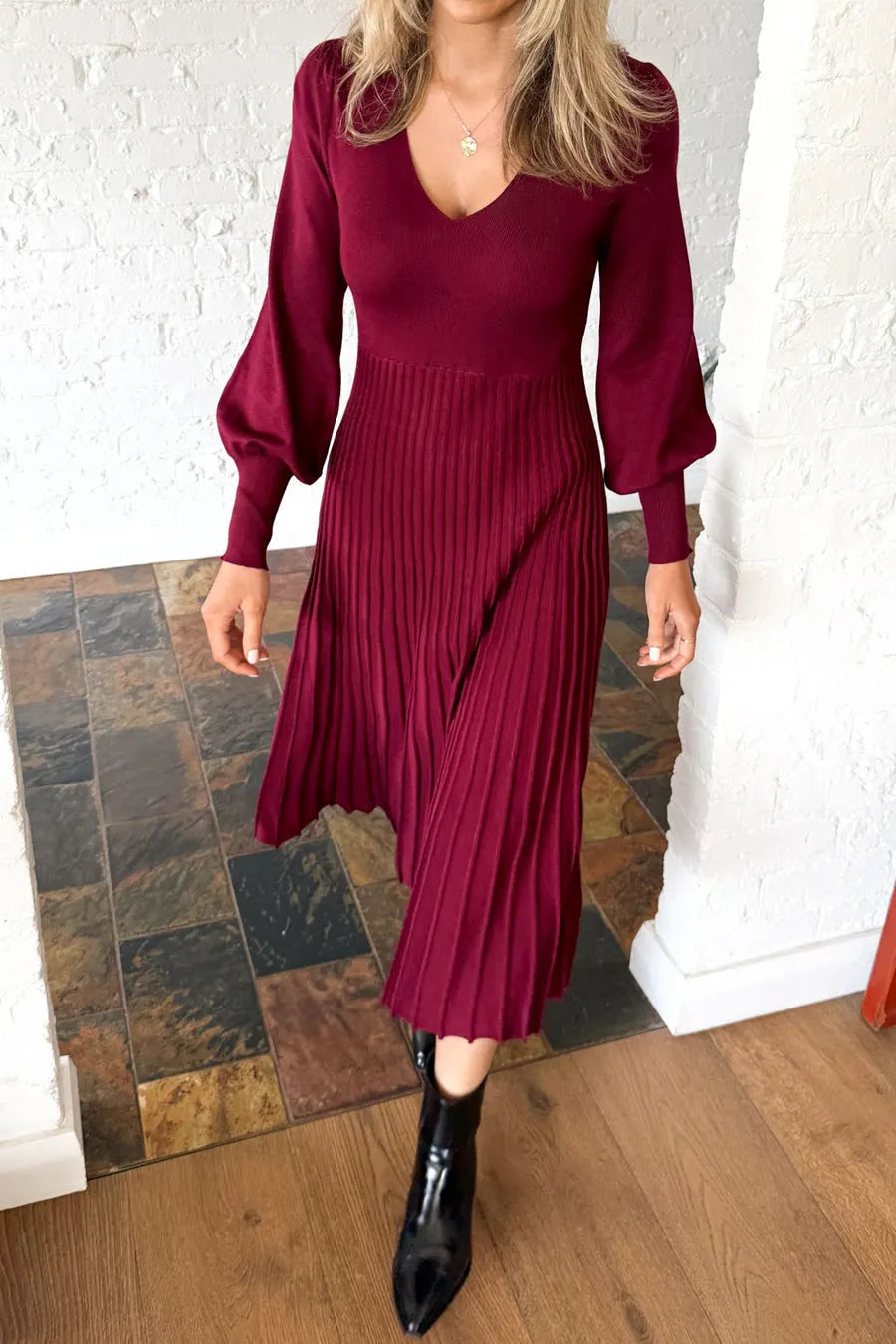 Ladies U-neck Patchwork Pleated Elegant Casual Dress