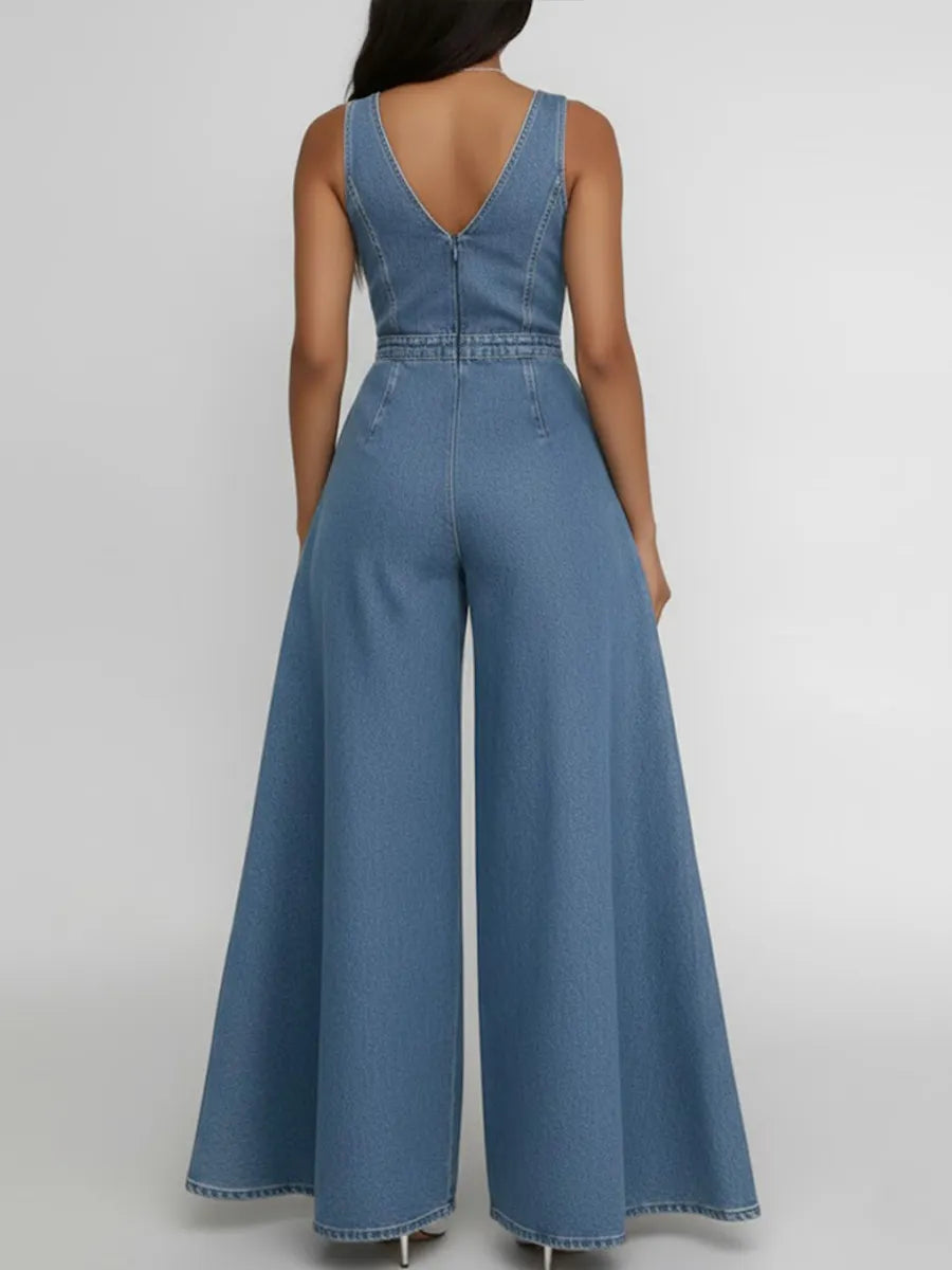 Women's Round Neck Sleeveless Casual Loose Wide-leg Denim Jumpsuit