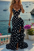 Women's Elegant Tiered Ruffle Patchwork Slit Hem Polka Dot Dress