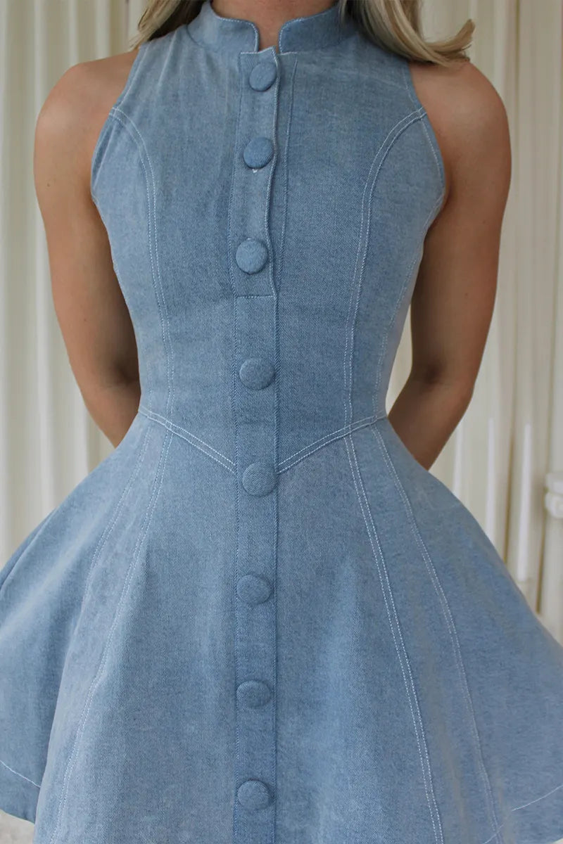 Women's Elegant Button Trim Denim Mini Dress