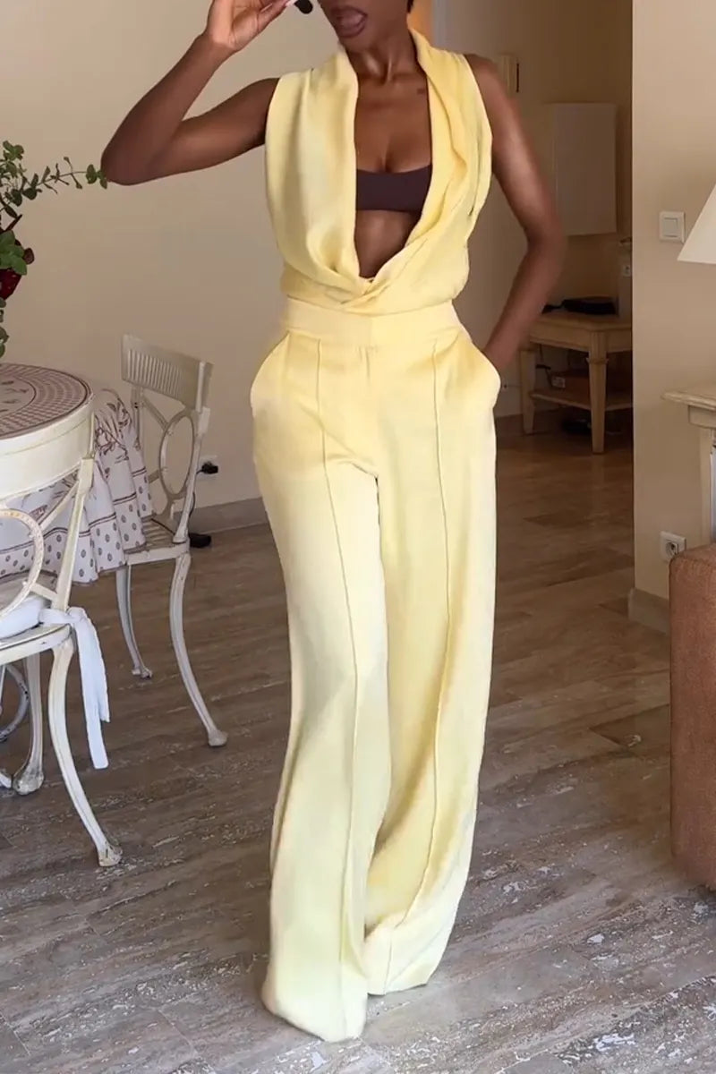 Women's Fashion Drape Neck Vest Wide Leg Pants Two Piece Set