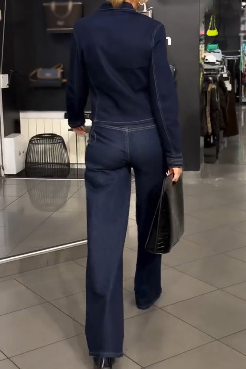 Women's Round Neck Spliced Double Breasted Jacket or Jeans