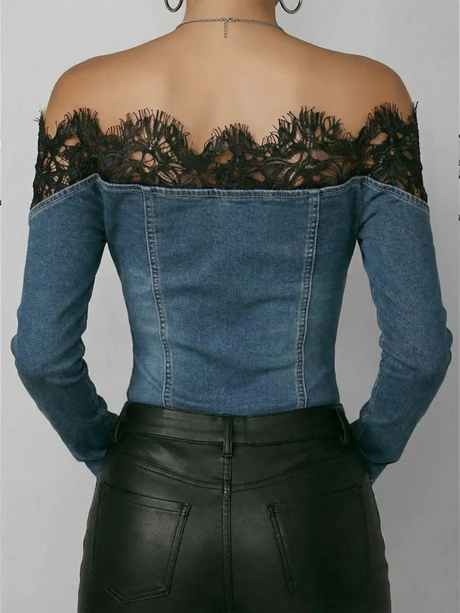 Fashionable Patchwork Lace Denim Top