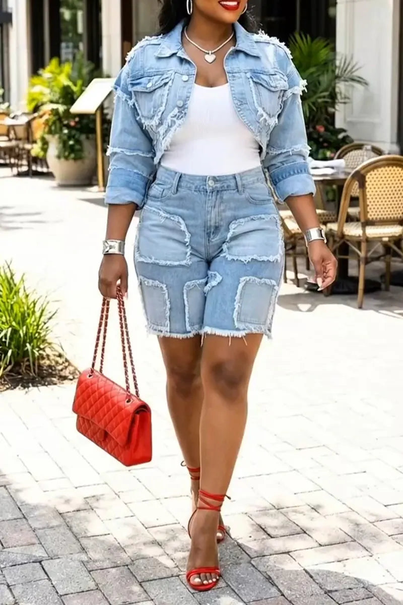 Women's Collar Washed Denim Jacket with Frayed Edges or Casual Patch Denim Shorts