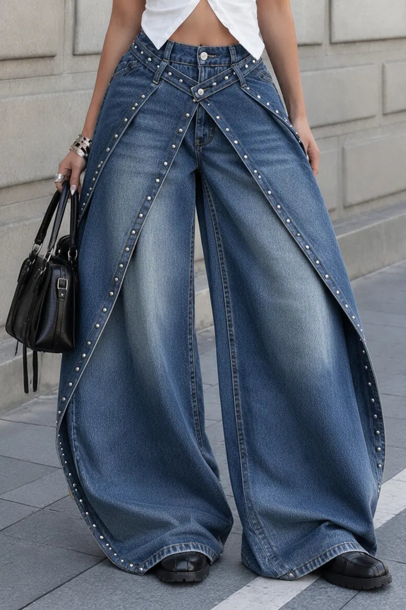 Women's High Waist Wide Leg Studded Detail Blue Denim Jeans